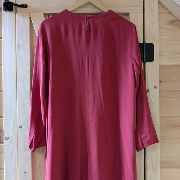 Eileen Fisher Silk Georgette Crepe Dress Medium Red Long Sleeve Round Neck Flow - Picture 8 of 10